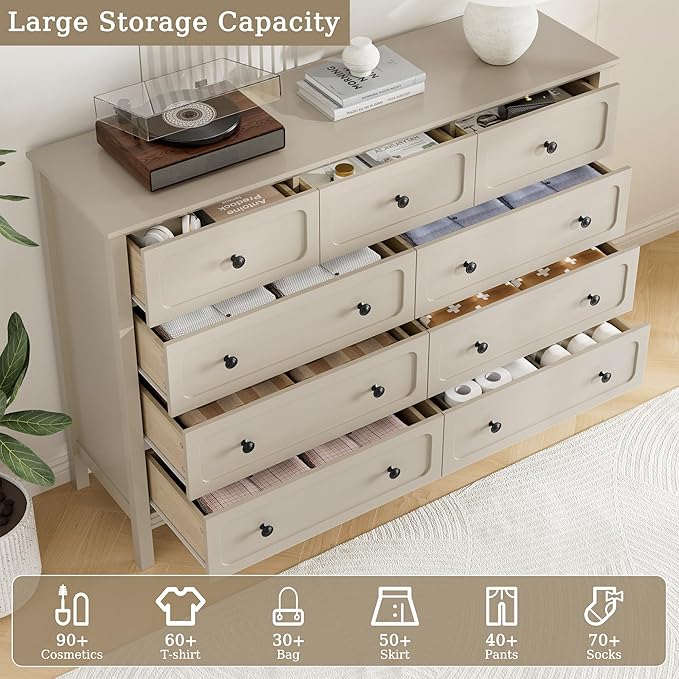 Dresser for Bedoom, Modern Chest of Drawers, Wood 8 Drawer Dresser with Metal Handles, Storage Organizer Wide Dressers for Living Room, Hallway, Entryway, Beige