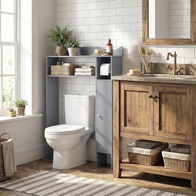 Tangkula Over the Toilet Storage Cabinet, Bathroom Organizer with Toilet Paper Holder, Adjustable Shelves, Freestanding Behind Toilet Stand, Perfect for Bathroom, Laundry (Gray)