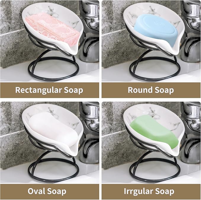 Dobbyby Leaf-Shaped Soap Dish – Ceramic Soap Bar Holder with Self-Drainage System – Bar Soap Holder for Shower, Bathroom Sink, Kitchen – Soap Dish with Stainless Steel Stand (White-Black-2 Pack)