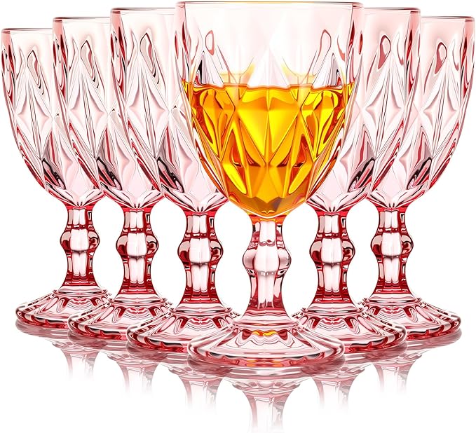 Yinder Glass Goblet Vintage Wine Goblet Embossed Glassware 10 oz Solid Color Glass Stemmed Cups for Iced Tea Beverage Soda Juice Water Liquor and Party Wedding Bars Restaurants(Pink,6 Pack)