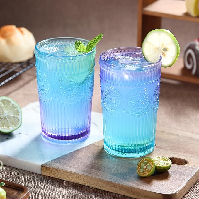 Loivttvv 6pcs Vintage Drinking Glasses Set, 12 oz Glass Cups, Embossed Ribbed Glassware Drinking Glasses for Cocktail, Water, Juice, Coffee, Whiskey