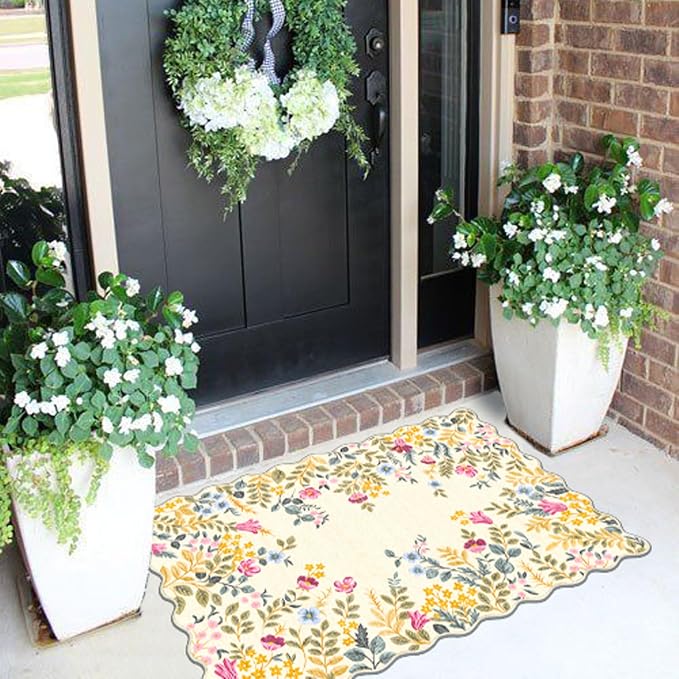 Front Door Mat Outside Entrance - 2x3 Beige Colorful Floral Non-Slip Washable Doormat Indoor Outdoor Mat Boho Vintage Entry Rug Small Throw Rugs for Entryway Kitchen Front Porch Decor
