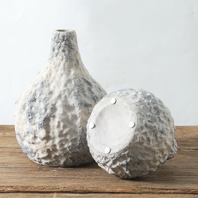 Stone Vases, Ceramic Bud Vase Set of 2 Minimalist Vases for Pampas Grass,Modern Vase for Wabi Sabi Home Decor, Shelf Decoration，Fireplace Decor,Coffee Table Decor