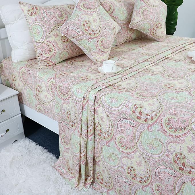 FADFAY 4 Piece Pink Paisley Bed Sheet Set Luxury Bedding Sets Designer Bedding Collections 800 Thread Count 100% Egyptian Cotton Deep Pocket-California King Size