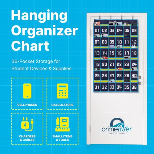 PrimeRiver Classroom Pocket Chart Organizer - Cell Phone & Calculator Storage with 36 Numbered Slots