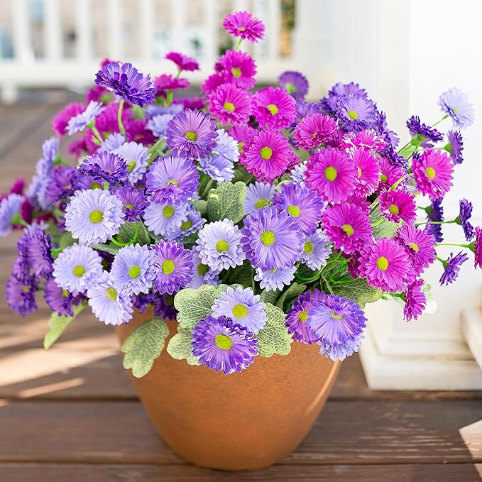 HyeFlora Dahlia Artificial Flowers for Outdoors Winter Decoration, 6 Bundles Fake Daisy Faux Plants Realistic UV Resistant Silk Flowers for Outside Planter Front Door Yard Garden Indoor Home, Mix