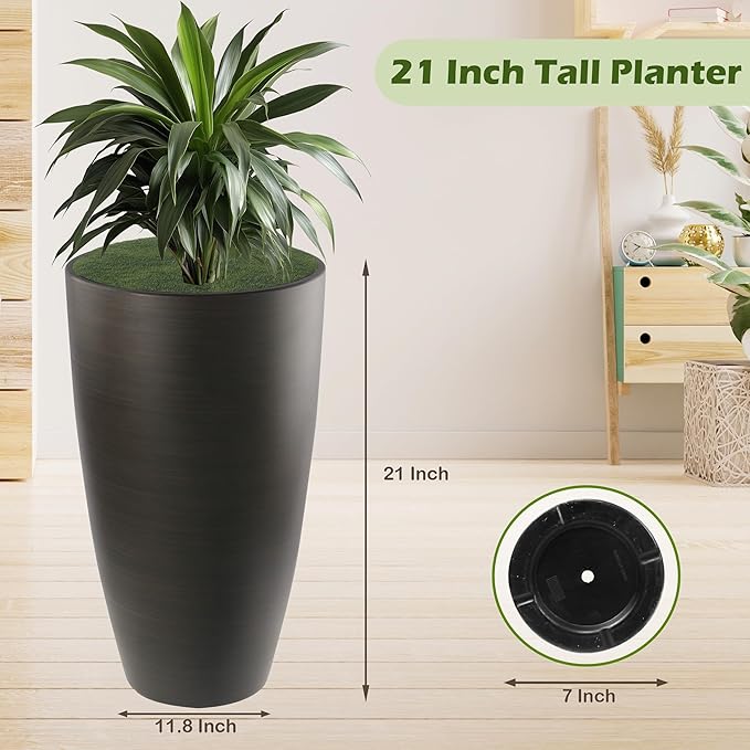 2 Packs 21 inch Tall Planter, Indoor Outdoor Round Planter for Porch, Large Plant Pot with Drainage Hole for Home Garden Front Door, Modern Decorative Pots for Plants (Dark Brown)