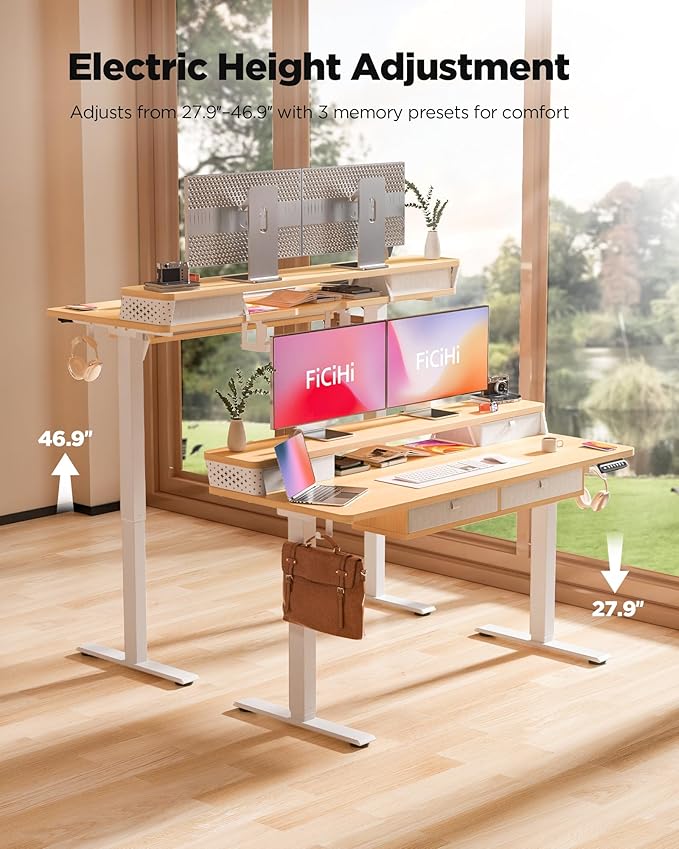 FiCiHi Adjustable Height Standing Desk with 4 Drawers,48 x 24 inches Electric Sit Stand Home Office Desk with Two Tiers, 3 Memory Presets, Monitor Stand Riser, C-Clamp Mount Compatible