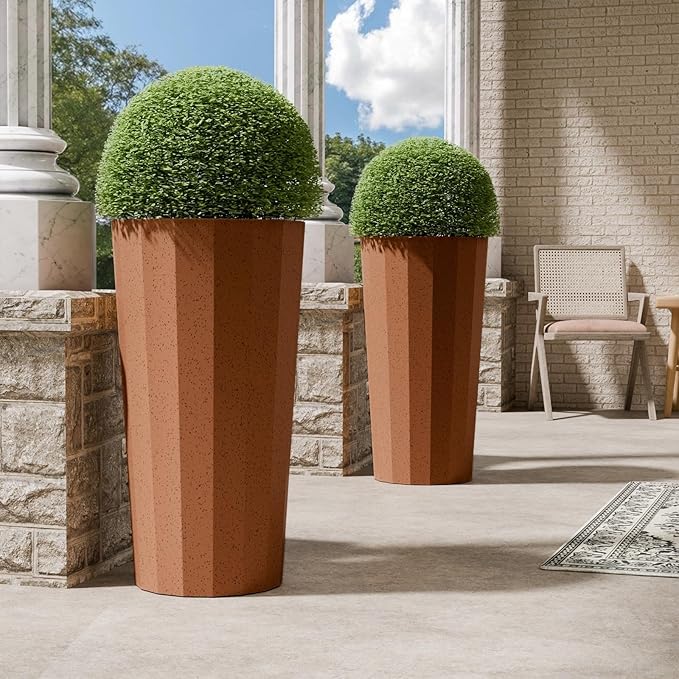 23.6" Tall Outdoor Planters Set of 2, Large Planters for Outdoor Plants for Porch Decor with Drainage Hole, Wide Stripe Design Porch Flower Pots for Indoor Pot Patio/Garden, Terracotta