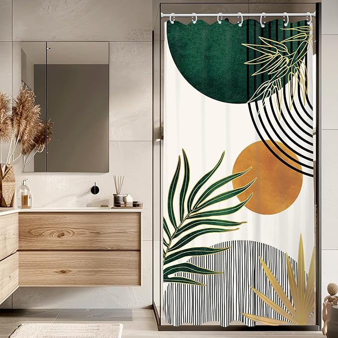 KOMLLEX Small Stall Mid Century Green Boho Shower Curtain 36Wx72L Inches Rv Half Abstract Modern Shower Curtains for Bathroom Minimalist Leaf Arch Sun Fabric Liner Waterproof Polyester 7 Pack Hooks