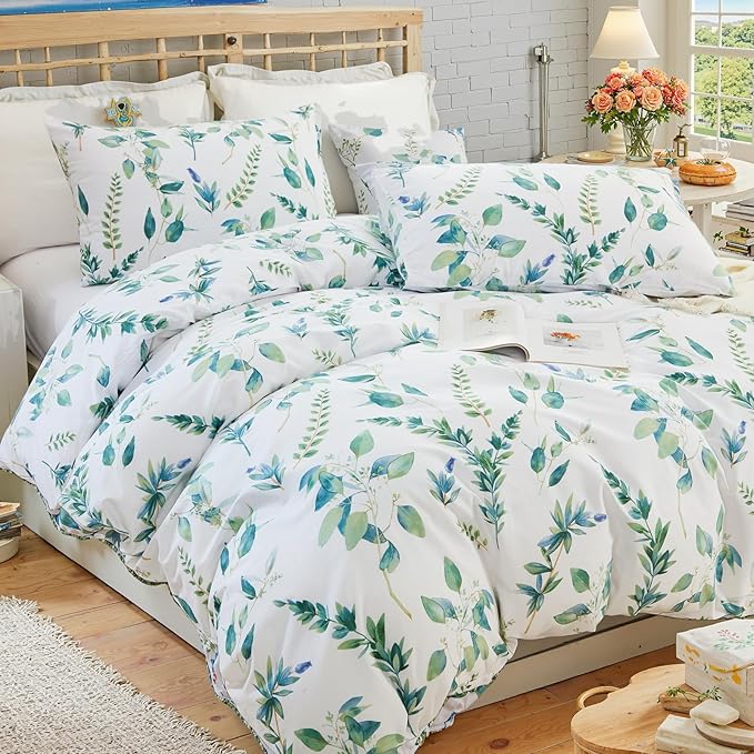 Botanical 100% Cotton Duvet Cover Queen Size - 3Pcs Mint Green Printed with Sage & Emerald Leaves on White,Reversible Lightweight and Soft Bedding Sets