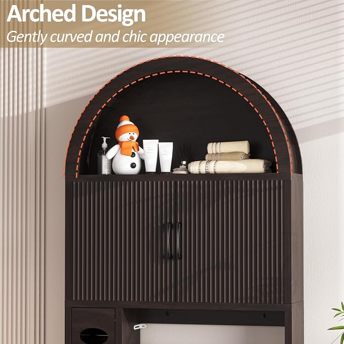 Spurgehom Over The Toilet Storage Cabinet, Bathroom Shelf Organizer Freestanding, Bathroom Arch Cabinet Over Toilet with Toilet Paper Holder and Anti-Tipping Device (Coffee)