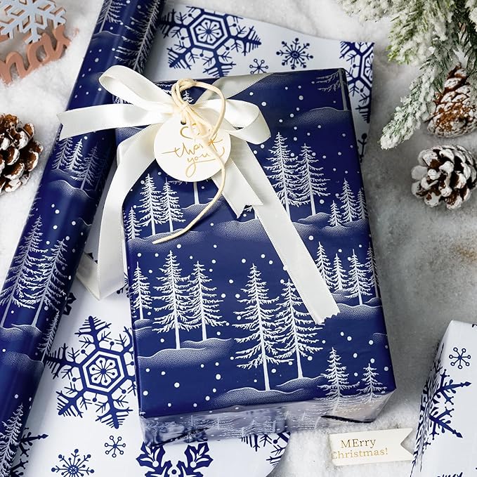 MAYPLUSS Christmas Wrapping Paper Roll - 17IN X 33FT - Blue Gift Wrapping Paper Featuring Christmas Tree Against Navy Blue Reversible Snowflke for Kids, Holiday, New Year