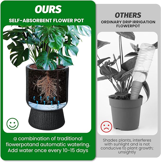 14.2" Tall Planters Set of 2, Plant Pots, Self Watering Pots for Indoor Plants, Flower Pots with Built-in Drainage and a Water Level Monitor, for Patio, Porch, Living Room, or Office, Black