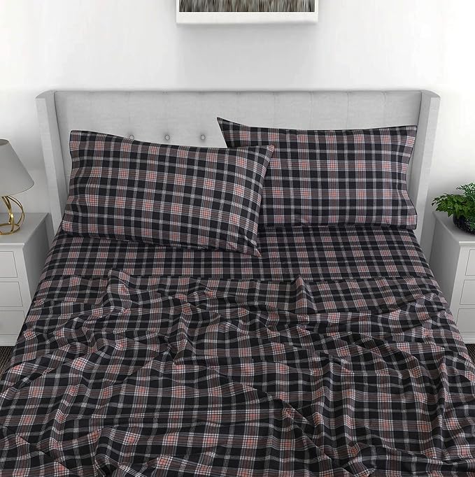 RUVANTI Flannel Sheets King Size - 100% Cotton Brushed King Size Sheets Set - Deep Pockets 16 Inches Bed Sheets - All Seasons Breathable & Extra Soft - Warm & Cozy, 4 Piece, Peach & Black Plaid