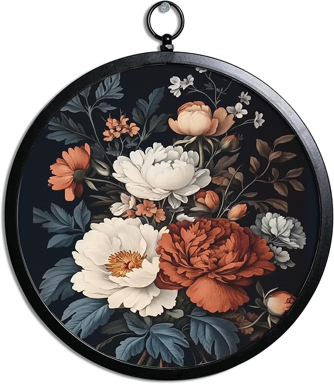 XIAOAIKA Vintage Wall Art with Metal Frame, Round Wood Print Featuring White and Red Peonies, Floral Wall Hanging, Boho Wall Decor for Living Room, Bedroom, Kitchen, Hallway, 10 Inch