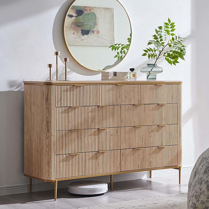 T4TREAM Fluted 9 Drawers Dresser, Modern Wooden Top Chest of Drawers with Curved Profile Design, Dresser TV Stand Drawer Organizers for Bedroom, Living Room, Hallway(Natural Oak)