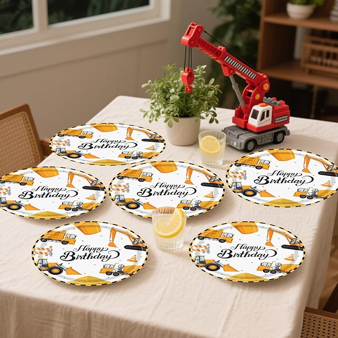 50PCS Construction Party Paper Plates 7 Inch, Disposable Cake Dessert Plates Construction Birthday Party Supplies for Kids Boys Birthday Decorations (Construction)