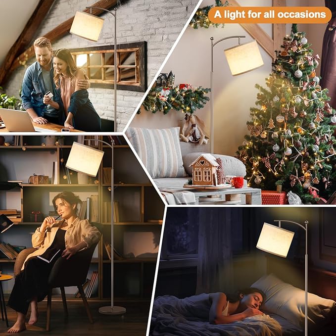 Ambimall 60" Floor Lamp for Living Room with 3 Color Temperatures, Adjustable Beige Shade with Brown Pole, Tall Lamp for Bedroom Office Classroom Dorm Room, 9W Bulb Included