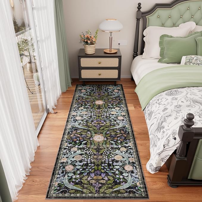 AMTOVO 2x6 Runner Rug for Hallway, Washable Non-Slip Long Kitchen Carpet, Floral Vintage Distressed Floor Mat for Hallways Entryway Living Room Laundry Room Bathroom Farmhouse, Black