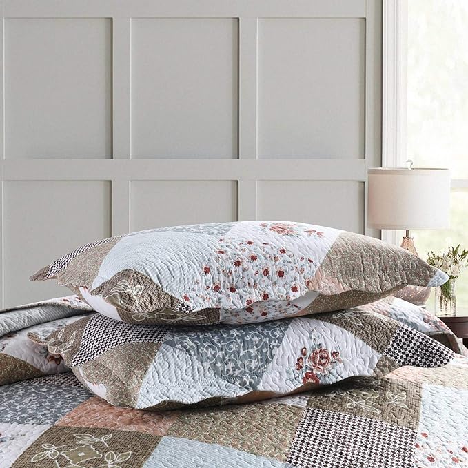 HoneiLife Quilt Set King Size - 3 Piece Microfiber Reversible Bedspreads Patchwork Coverlet Floral Bedding Set All Season Quilts- Splicing Mocha Rose