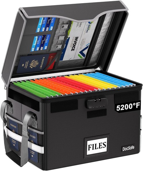 DocSafe Fireproof Document Box - 5200°F Heat Insulated File Organizer with Lock & Handle | Portable Black Storage for Legal Folders