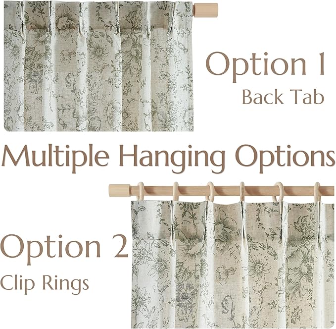 jinachan Pinch Pleated Curtains Floral Linen Blend Curtains for Living Room 96 Inches Length Christmas Green Peony Flower Printed Curtain Rod Pocket Back Tab Farmhouse Drapes with Hooks Set 2 Panels