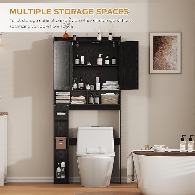 Over the Toilet Storage Cabinet, 31.1”W Bathroom Organizer with Double Doors, Above Toilet Rack, Detachable Toilet Paper Holder for Bathroom & Laundry Room Black