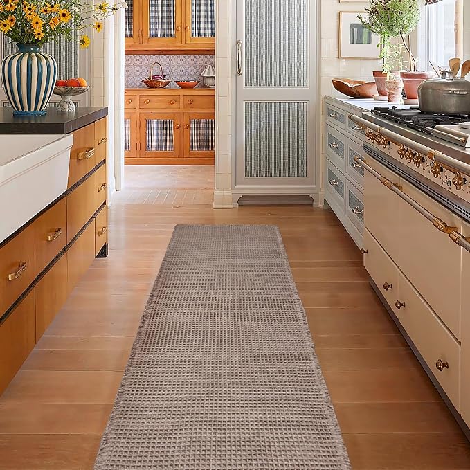 ZALL Tan Waffle Bath Mat,Super Absorbent Non Slip Long Bathroom Runner Rug,Brown 24X72inch,Machine Washable Ultra Soft Floor Mats