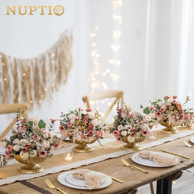 NUPTIO Small Gold Vases for Centerpieces: Brass Compote Vases for Flowers - Metal Pedestal Bowl Decor for Wedding Table Home Set of 2