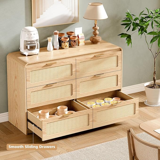 Mid Century Modern Dresser,Rattan 6 Drawers Dresser for Bedroom, 47" Wide Wood Dressers & Chests of Drawers/Curved Profile Design, Natural Texture for Bedroom, Living Room, Natural