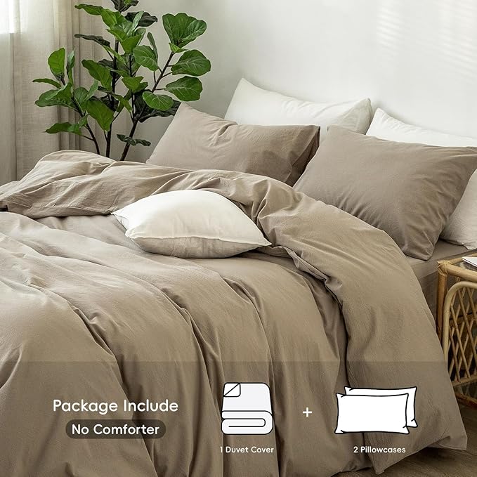 MooMee Bedding Duvet Cover Set 100% Washed Cotton Linen Like Textured Breathable Durable Soft Comfy (Solid Mocha Brown, Oversized King Plus 128"x120")