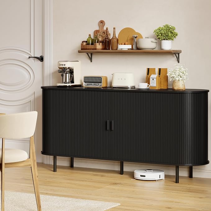 Buffet Sideboard Cabinet with Storage, 63" Fluted Cabinet with Sliding Door & Adjustable Shelf, Modern Accent Coffee Bar Console Table for Kitchen, Entryway, Black