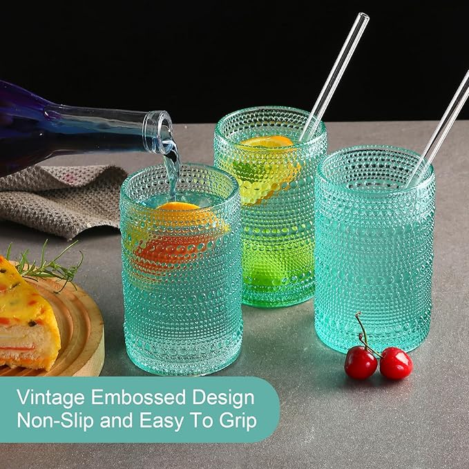 ZMOWIPDL Vintage Glassware Drinking Glasses Set of 6,15 oz Hobnail Glass Cups,Embossed Lake Blue Water Tumbler,for Beer,Cocktail,Whiskey,Juice and Various Mixed Drinks- 1 Cleaning Brush