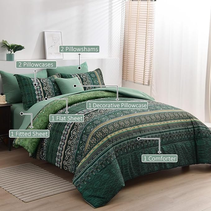 Boho Green Comforter Set Queen Size,8 Piece Bed in a Bag Bohemian Striped Bedding Quilt Set,Dark green Paisley Floral Comforter and Sheet Set,Soft Microfiber Complete Bedding Sets for All Season