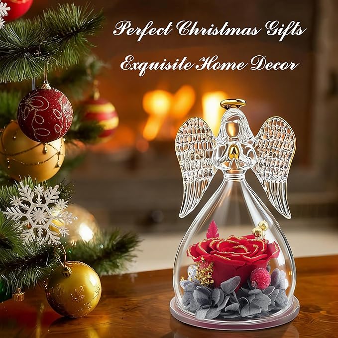 Sunia Preserved Flower Rose Gift for Women - Mother's Day Birthday Gifts for Mom Wife Grandma, Glass Angel Figurines Forever Real Roses Gifts for Her Valentine Day Thanksgiving﻿ (Redgold)