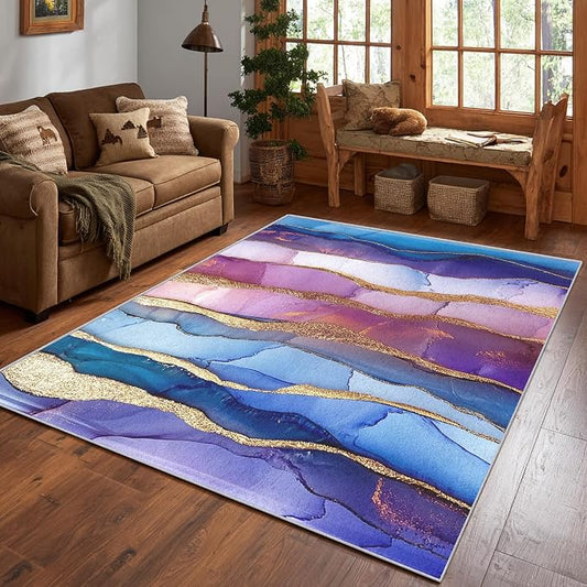 Irregular Marble Abstract Area Rug, Blue Purple Gold Pattern Carpet, Washable Non Slip Low Pile Soft Thin, Living Room Bedroom Home Decor Mat 2x3ft(Small)