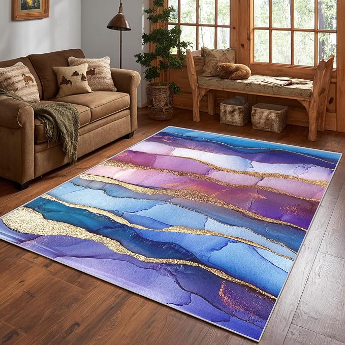 Irregular Marble Abstract Area Rug, Blue Purple Gold Pattern Carpet, Washable Non Slip Low Pile Soft Thin, Living Room Bedroom Home Decor Mat 3x4ft(Small)