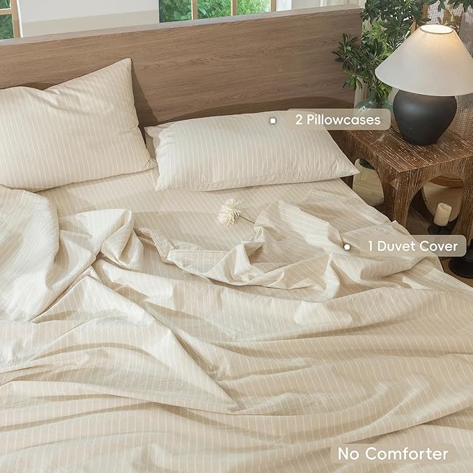 MooMee Striped Duvet Cover Set 100% Washed Cotton Linen Like Textured Breathable Durable Soft Comfy (Almond Milk Grey White Wide Stripes, Oversized King Plus 128"x120")