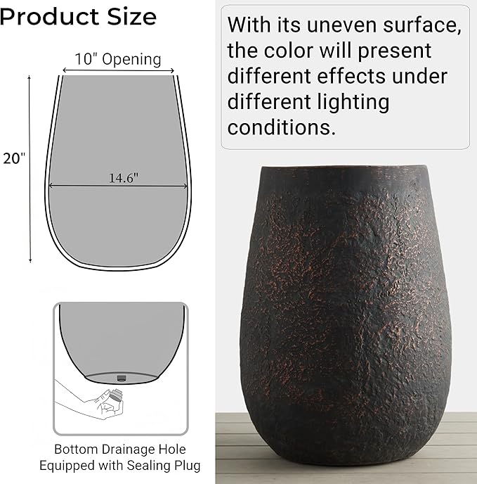 Wallowa 20" H Weathered Concrete Tall Planter, Black Large Outdoor Indoor Decorative Flower Pot with Drainage Hole, Modern Round Style for Home, Garden, Patio, Courtyard, Bronze Rust with Green Tone