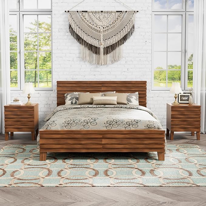 UEV Solid Wood Nightstand Set of 2, 19.7" W Boho Nightstand with 2 Drawers, Fluted Wood Night Stand, Mid Century Modern Bed Side Table for Bedroom,Living Room, Natural Wood