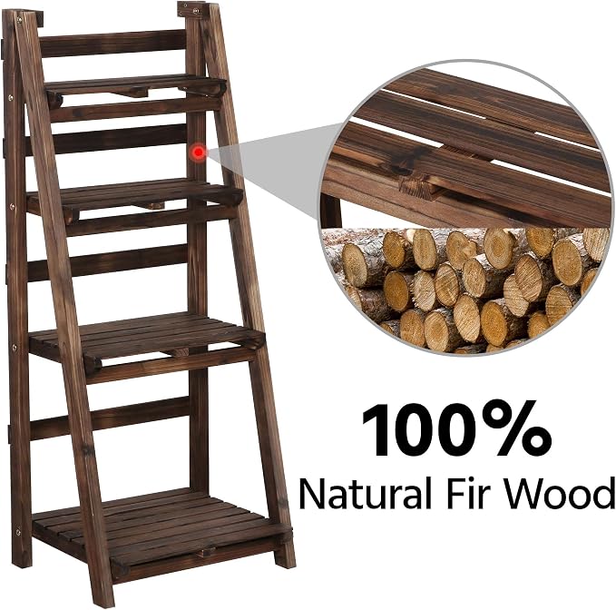 Topeakmart Wooden ladder Shelf Plant Shelf, Multiple Tired Shelf Sturdy and Foldable Storage Shelf Solid folding Wood for Garden/Balcony/Yard/Living Room Storage, No assemble, Brown