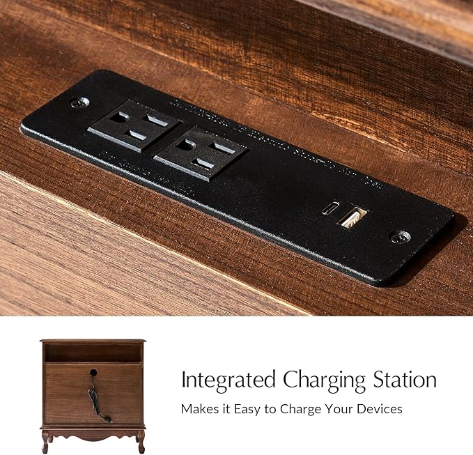 HULALA HOME Transitional Side Table Set of 2 with 3 Drawers and Charging Station, 28" Solid Paulownia Wood Sidetable with Vertical Stripe, Walnut