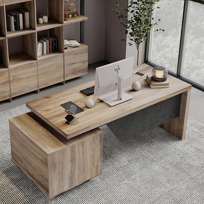 Modern Executive Desk, Rectangle Office Desk with Storage Cabinet, Width Adjustable Desks for Home Office, Business Desk Stand Under Table Storage Organizer, Mahogany