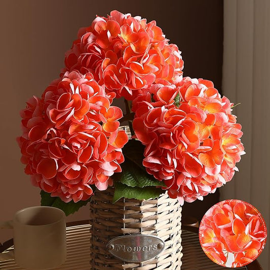3Pcs Hydrangea Artificial Flowers, 22.44" Real Touch Latex Faux Hydrangea with Long Stems & Leaves for Home Office Decor or Wedding, Party, Centerpieces, Floral Arrangements (Orange)
