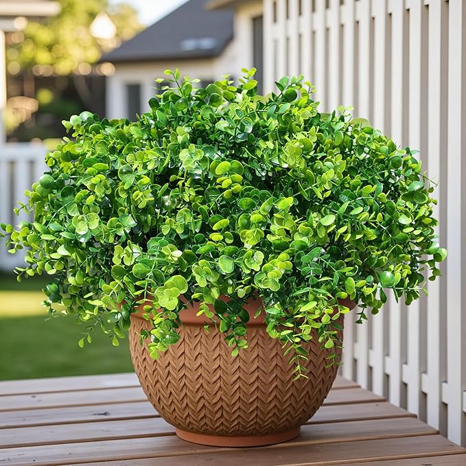 HyeFlora Artificial Plants for Outdoors Outside Spring Summer Decoration, 12 Bundles Faux Eucalyptus Leaves Stems Bulk Fake Greenery Branches Look Real UV Resistant for Home Porch Patio Planter Yard