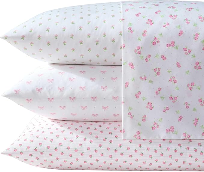 Laura Ashley Kids - Twin Sheet Set, Soft & Wrinkle-Resistant Toddler Bedding Set, Deep Pockets, Girl Bed Sheets with Matching Fitted Sheet & Pillowcase (Lovely Bows Pink)