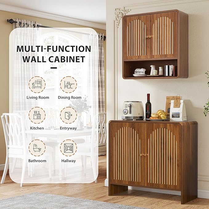 Wall Mounted Storage Cabinet for Bathroom, Mid-Century Wood Medicine Cabinet with Adjustable Shelf & Door, Over Toilet Organizers for Bathroom, Laundry Room, Kitchen (Walnut Color)