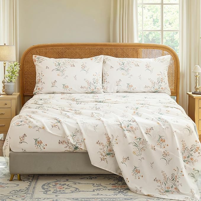 100% Cotton Sheet Set Queen Size – 4-Piece Shabby Chic Floral Bedding Set, Soft Breathable Percale Weave, Deep Pocket Fitted Sheet 17.5", Crisp Cool Feel, Refined Botanical Elegance