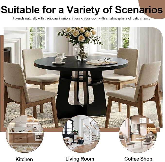 47" Round Dining Table for 4-6 Black, Farmhouse Wood Circle Dinner Table, Modern Wooden Circular Dinner Tables Easy Assembly for Dining Room/Kitchen/Living Room/Apartment (Table Only)